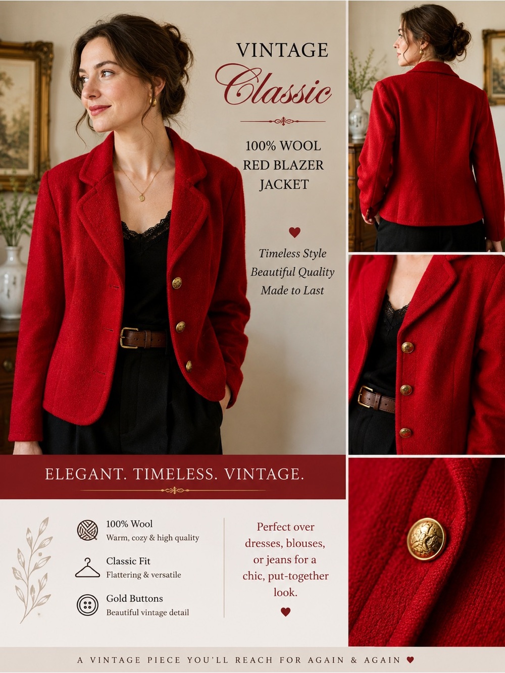Vintage Classic 100% Wool Red Women's Button-Front Blazer Jacket